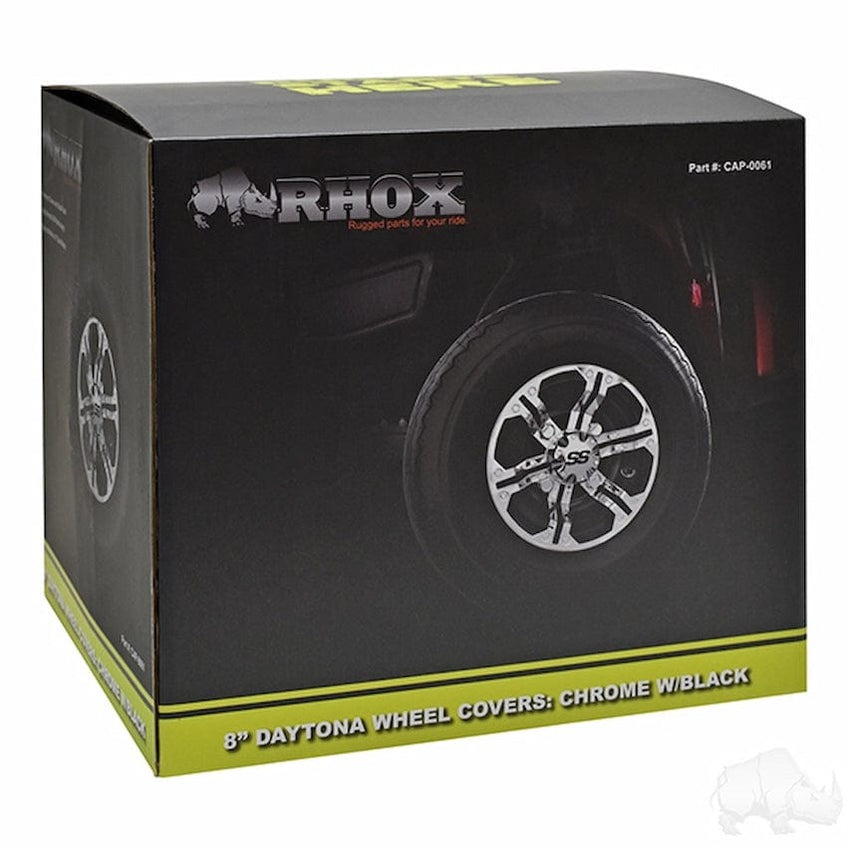 Universal 8" Golf Cart Hub Caps Daytona (Chrome w/ Black) RHOX