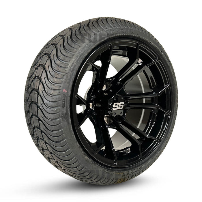 12" Spyder Gloss Black Aluminum Golf Cart Wheels and 215/35-12 Low-Profile DOT Street & Turf Tires Combo - Set of 4 (Choose your tire!)