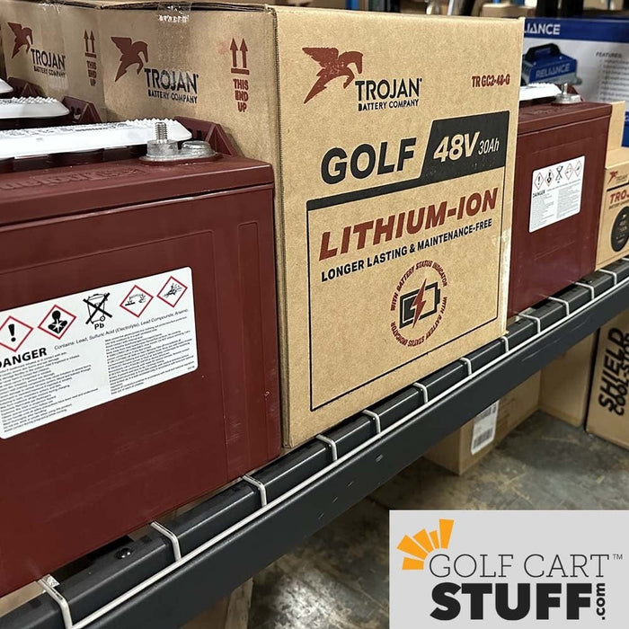 Packaged Trojan golf cart batteries at Golf Cart Stuff