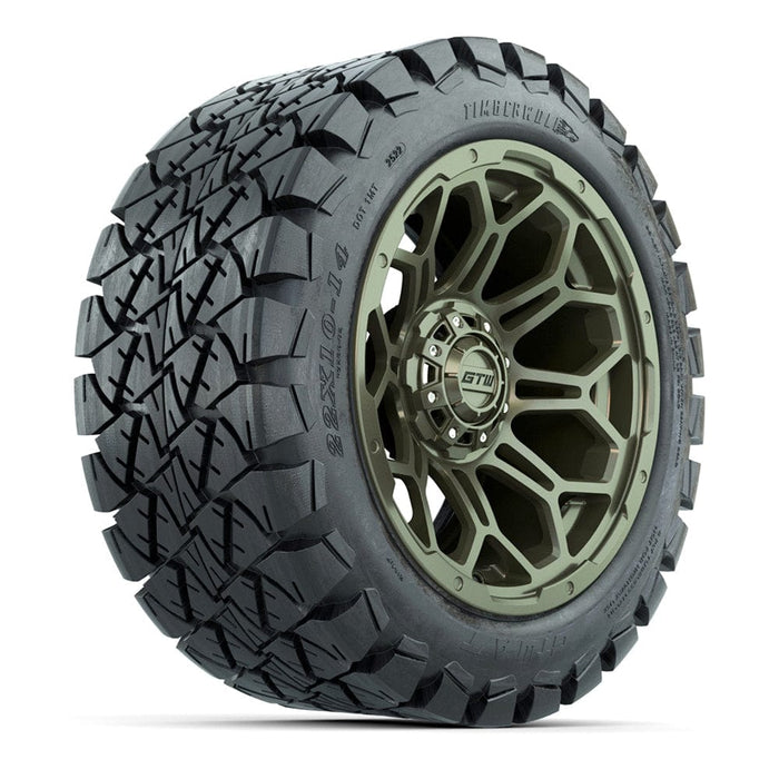 GTW Bravo 14" recon green wheel with 22x10-14 Timberwolf all terrain golf cart tire assembly.