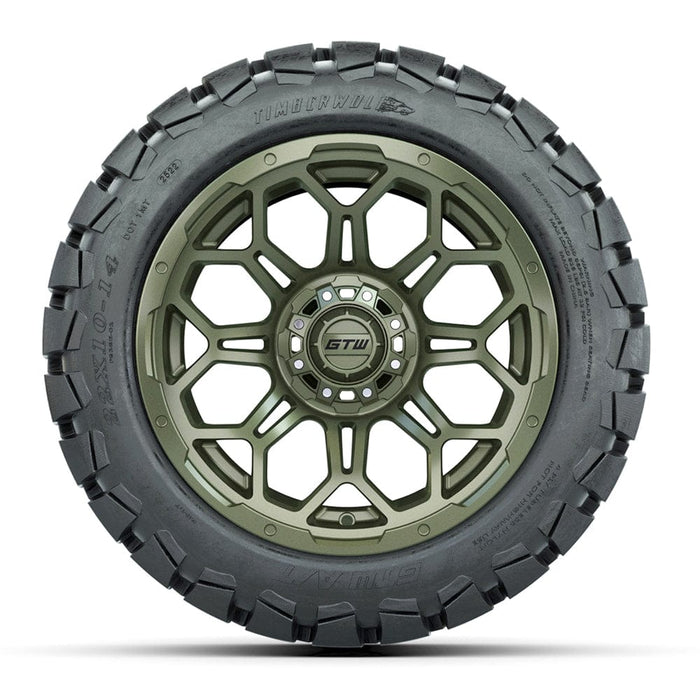 Side view of GTW Bravo 14" recon green wheel with 22x10-14 Timberwolf all terrain golf cart tire, available in multiple finishes.