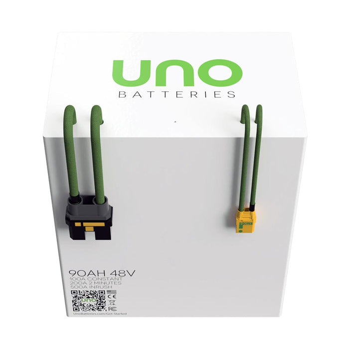 Front view of single 90ah UNO lithium golf cart battery with quick plug cables.
